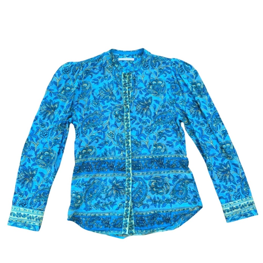 Lola Australia Turquoise Blue Paisley Floral Cotton Button Down Blouse XS